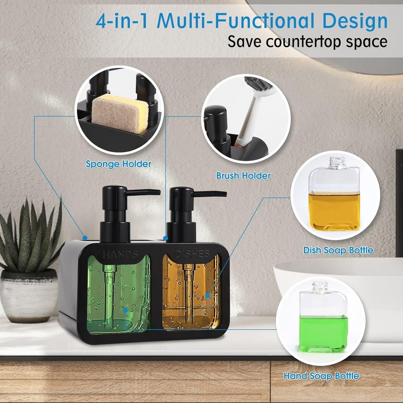 Eavida Kitchen Soap Dispenser Set, with Hand and Dish Soap, Sponge Caddy and Brush Holder 4-in-1 Kitchen Dual Soap Dispenser Set for Kitchen Sink, Bathroom - Black - Image 2